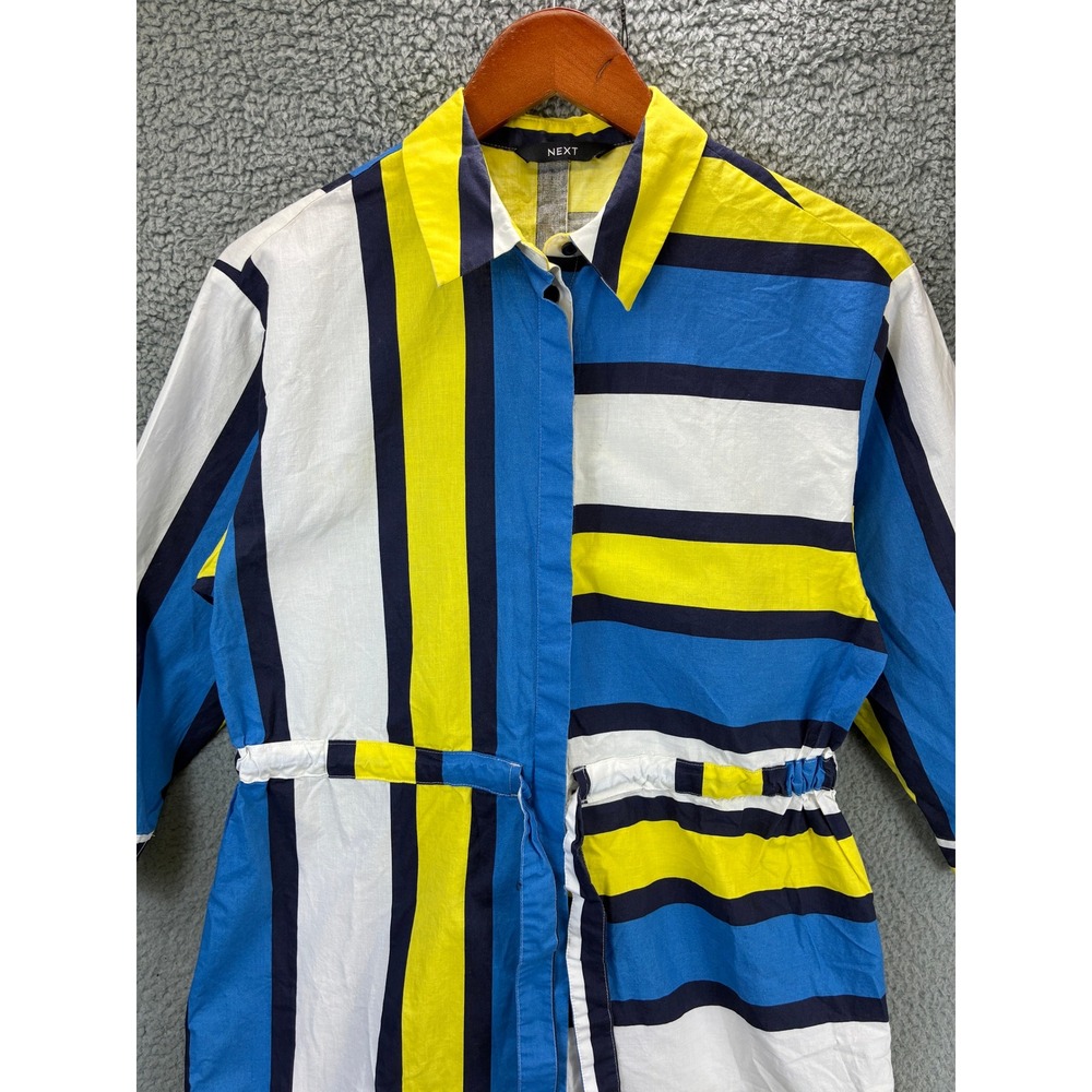 Next Belted Shirtdress Womens 4 Blue Yellow Striped Casual Long Sleeve Maxi - Picture 2 of 13